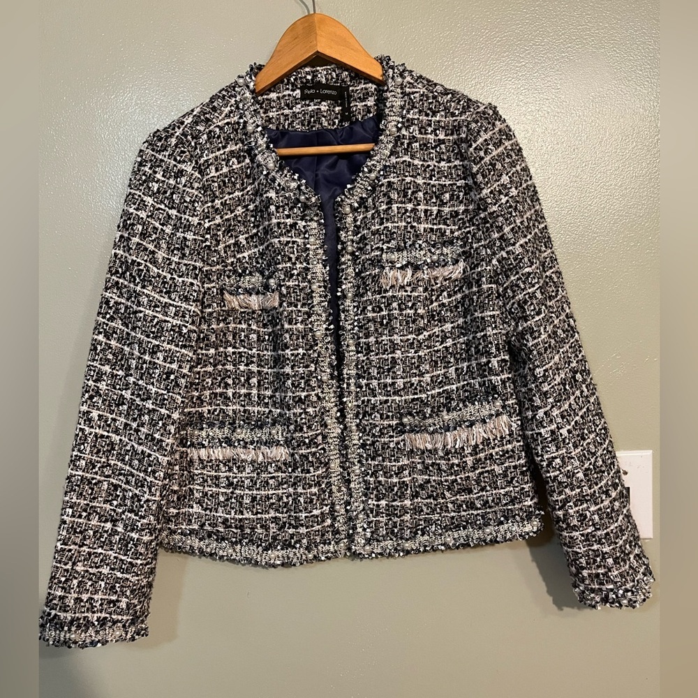 Stella + Lorenzo Black and White Tweed Open Blazer Perl Sequins  Size S